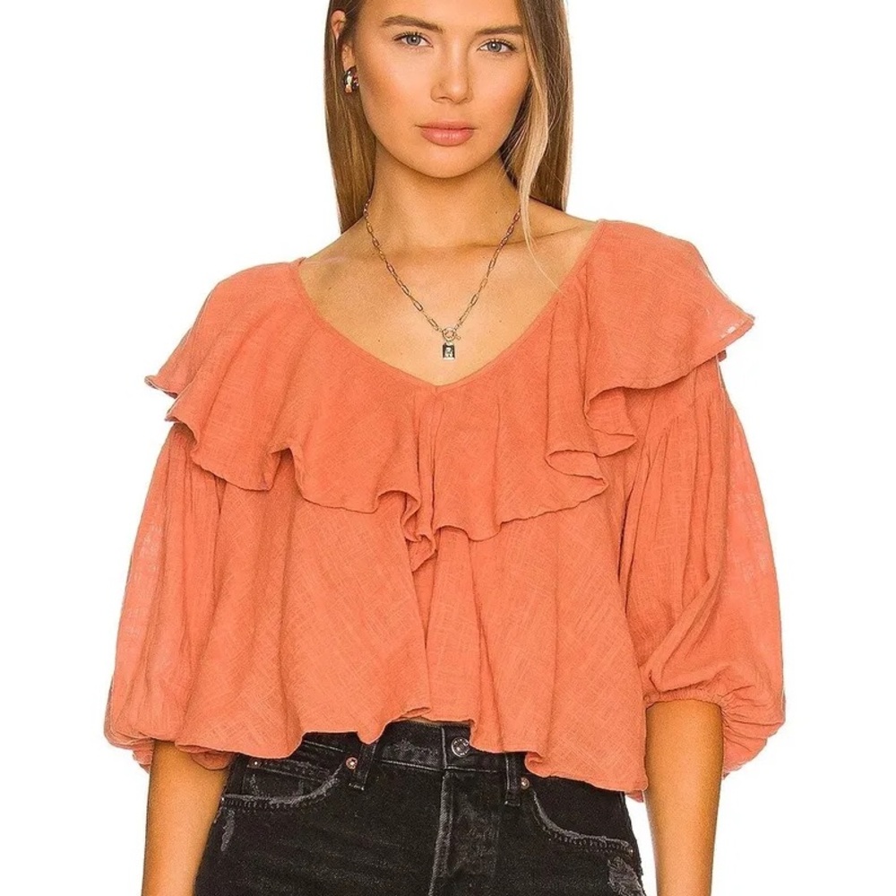 Free People Zuri Ruffle Blouse Ginger Spice Coral - Size Small